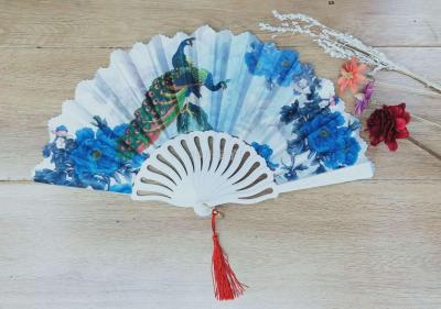 Satin peacock fan plastic dance fan elegant gift fan top grade ladies folding fan foreign trade fan color rod
