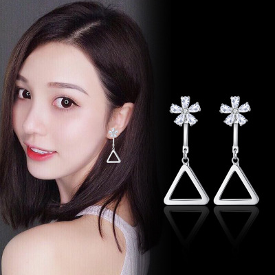 New Flower Long Earrings Elegant Korean Versatile Anti-Allergy Geometric Triangle Ear Studs Anti-Allergy Factory Direct Sales