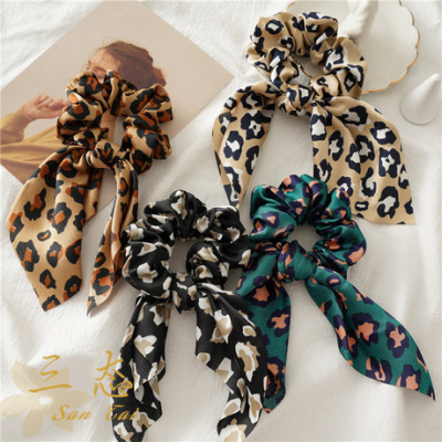 Cross-border new satin Large Canvas Cloth circle European and American Spring and Summer tied rabbit Ears Leopard Print jewelry manufacturers