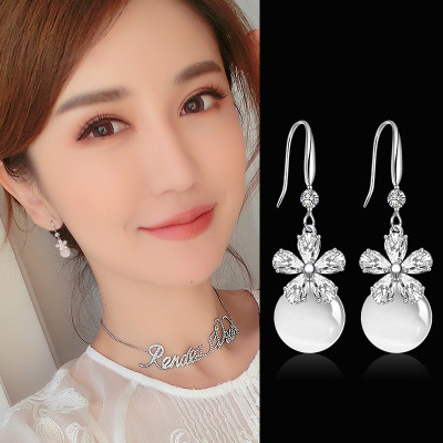 Opal Earrings Sterling Silver Temperamental Korean All-Match Pearl Earrings Women's Long Flower Earrings Simple Anti-Allergy