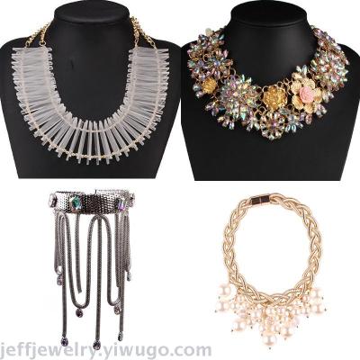 Vogue OL euramerican exaggerated pearl crystal necklace tide temperament joker with pearl flowers fringe necklace