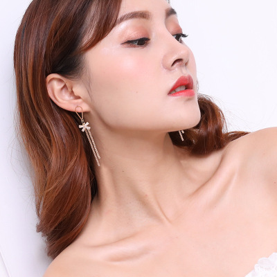 S925 Silver Elegant Tassel Earrings Fashionable All-Match Eardrops Trendy Hanging Earrings Japanese and Korean New Zircon Bow Earrings