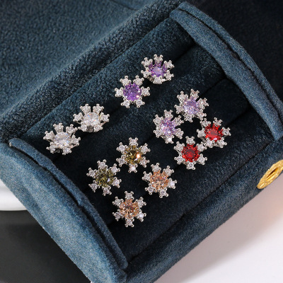 925 Silver Needle All-Match Snowflake Ear Stud Women's Elegant Colorful Fashion Korean Fashion Earrings Simple and Elegant Earrings