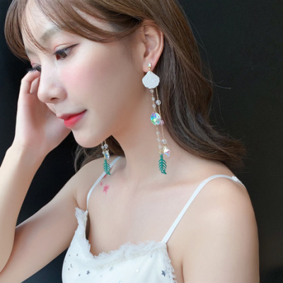 Seashore resort mixes shell pure silver earring crystal long temperament super fairy tassel pendant female move super exaggerated earring