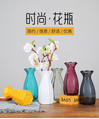 New Hexagonal Ceramic Color Glass Vase Transparent Color Hydroponic Craft Living Room Decorative Flower Arrangement Flowers