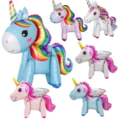 The 3 d assembled standing unicorn scene decorated with large cartoon rainbow horse head aluminum film balloon children 's birthday decoration