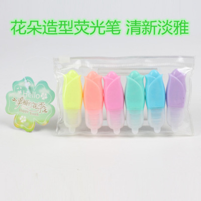 Fresh Flower Shape Mini Fluorescent Pen Children Student Color Rough Stroke Key Marker Graffiti Pen 6 Pack