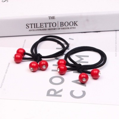 Factory Wholesale 4 Diamond-Embedded Large Cherry Red Bead Hair Rope Two-in-One Knot Rubber Headband Head Rope Two-Yuan Store Stall