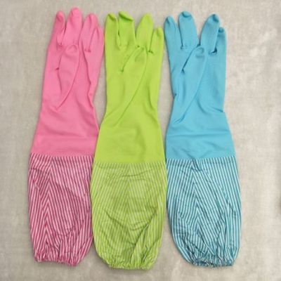 PU, cotton and fleece lengthened waterproof durable dishwashing washing car cleaning striped elastic thermal gloves in winter