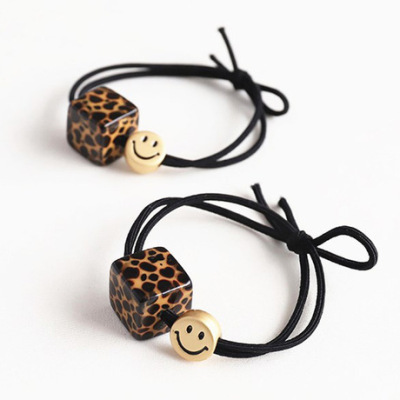 WeChat Hot-Selling Leopard Print Square Hair Ring Smiley Face Beads Black Lady Hairtie Lady Boutique Headdress Wholesale