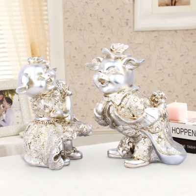 Resin Craft Ornament European Silver Happy Pig Ornament Furnishing Creative Wedding Gift Wholesale