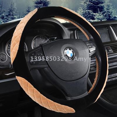Car steering wheel cover winter short plush quilted embroidery color matching steering wheel cover autumn and winter new