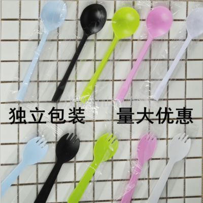 Single-use plastic spoon and fork separately packed with thickened fruit and sweet spoon and fork