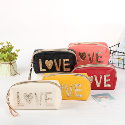 2022 Hot Korean Style Fashion Simple PU Leather Solid Color Love Cosmetic Bag Zipper Storage Bag Multi-Color Wash Bag