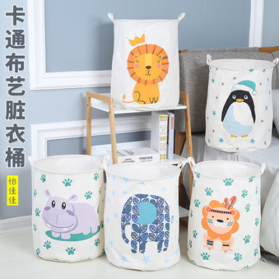 Direct Supply of Cotton and Linen Cartoon Cloth Dirty Clothes Basket Foldable Waterproof Laundry Basket round Fabric Storage Bucket Wholesale