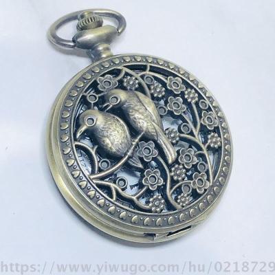 Green copper hollow-out bird clamshell pocket watch manufacturers direct sales