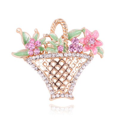 Flower basket hollow set diamond brooch female color diamond color plating brooch pearl dress wear brooch pin