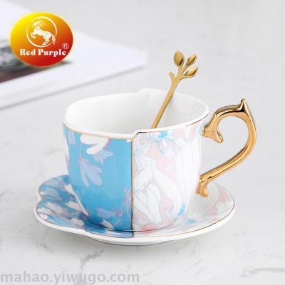 Double colored floral gold handle ceramic coffee cup and saucer