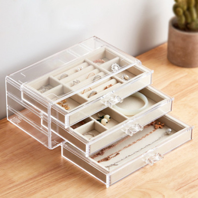 Three-Layer Three-Drawer Flannel Bottom Plaid Transparent Acrylic Jewelry Storage Box Jewelry Box Desktop Finishing Box