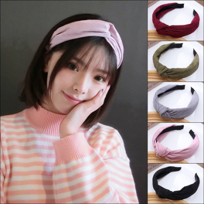 South Korea's New Pure color cloth art Hair Accessories corduroy Cross wide edge hair Hoop Headband Lady