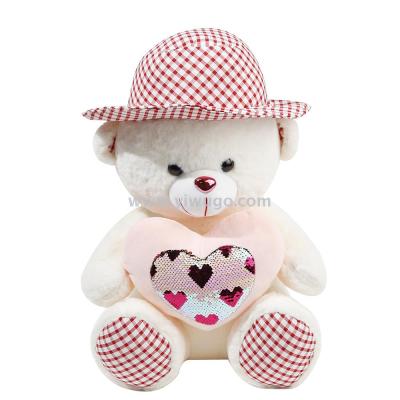 Rabbit fur checked with hat and cuddly bear plush toy with bear doll