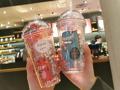 Straws with rounded lid and sequined plastic cups 430ml of cute dinosaur