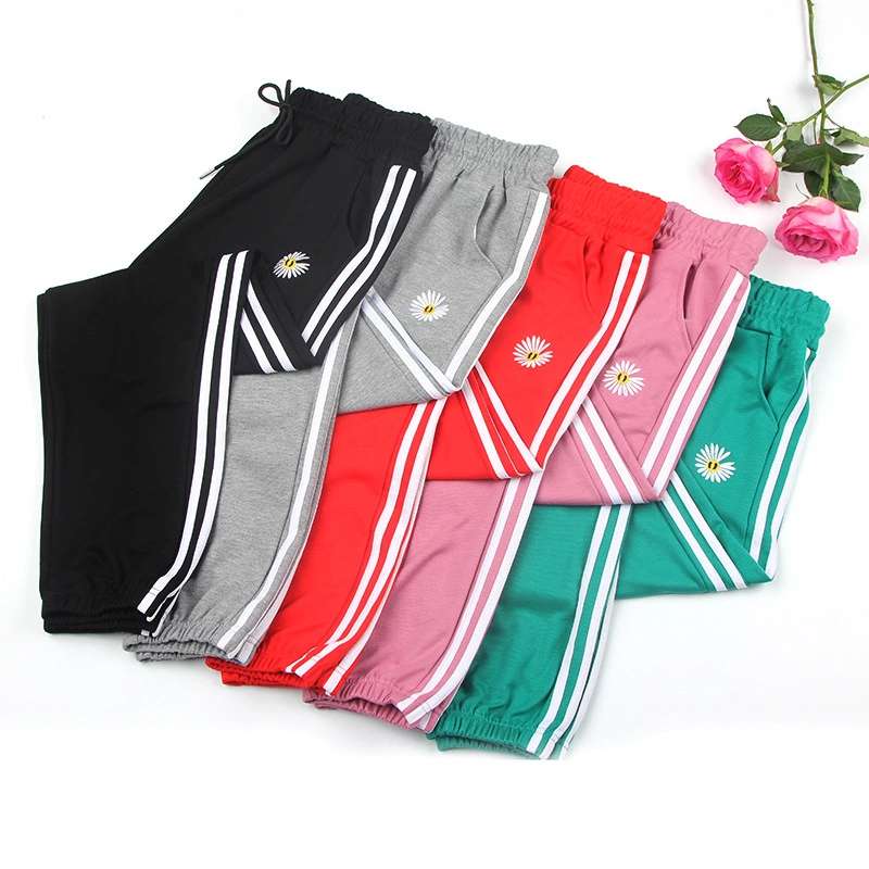 春夏款萝卜九分哈伦裤刺绣大码侧边条小雏菊束脚休闲裤系带灯笼裤