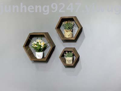Solid wood hexagonal three-piece set of fire roasted brown solid wood creative wall rack new Chinese wall rack CQ26