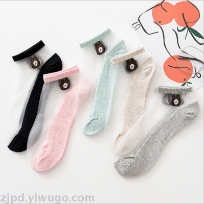 Summer new cotton bottom card stockings academy style bear glass silk boat socks Korean version of instagram invisible 