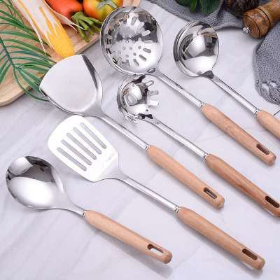 Wooden handle, stainless steel kitchenware kitchen supplies wholesale stainless steel cooking spoon shovel set slotted spoon set of six