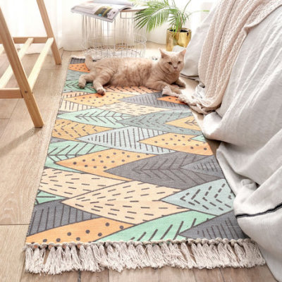 Simple Nordic hand woven tassel cotton floor mat ins long family bedroom non-slip bedside carpet mat