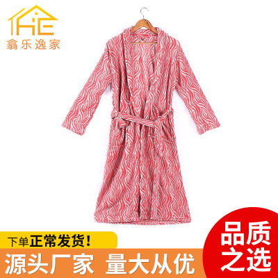 Autumn/winter waistband Cardigan Bathrobe Long Print coral acetate Simple Leisure Korean Comfortable Bathrobe