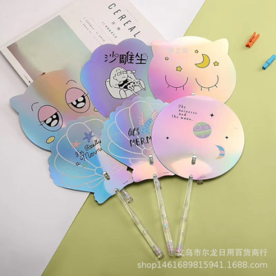 Laser Reflective Fan Cartoon Multiple Mixed Fan Crystal Handle Cartoon Fan Two Yuan Shop Hot Sale