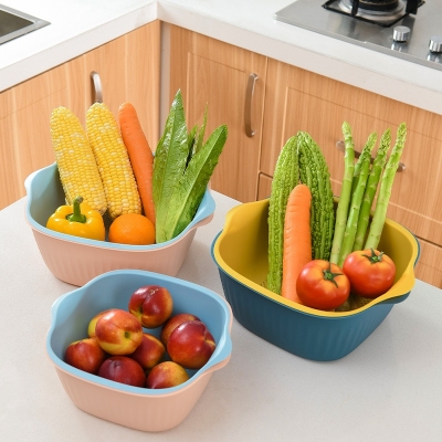 G16 New Nordic Double Layer Vegetable Washing Basket Plastic Dewatering Screen Basin Kitchen Fruit Storage Basket Drain Fruit and Vegetable Basket