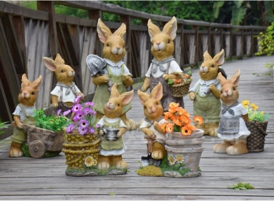 Glass Steel Craftwork Rabbit Decoration Garden Pastoral Flower Disk Series Cartoon Rabbit