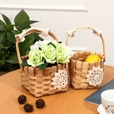 Japanese and Korean Art Wood Piece Basket Gift Flower Arrangement Basket Wood Piece Lace Basket round Small Flower Basket