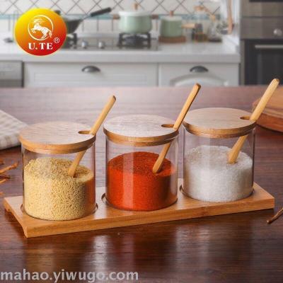 Glass bamboo cover seasoning jar set