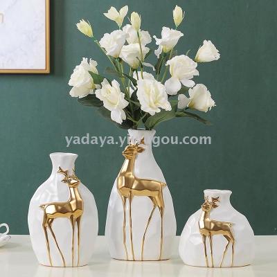 Nordic wind light luxury deer ceramic vases set a three-piece set of living room wine cabinet decoration dry flower simulation flower arrangement creativity