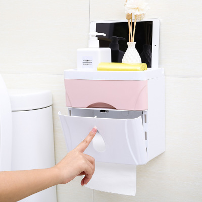 Simple wall hanging type waterproof moistureproof paper towel box toilet multi - functional paper towel rack double layer with the drawer shelf