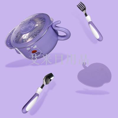 Wk-8929-3 stainless steel children's water insulation bowl baby anti-drop bowl suction cup bowl spoon fork set