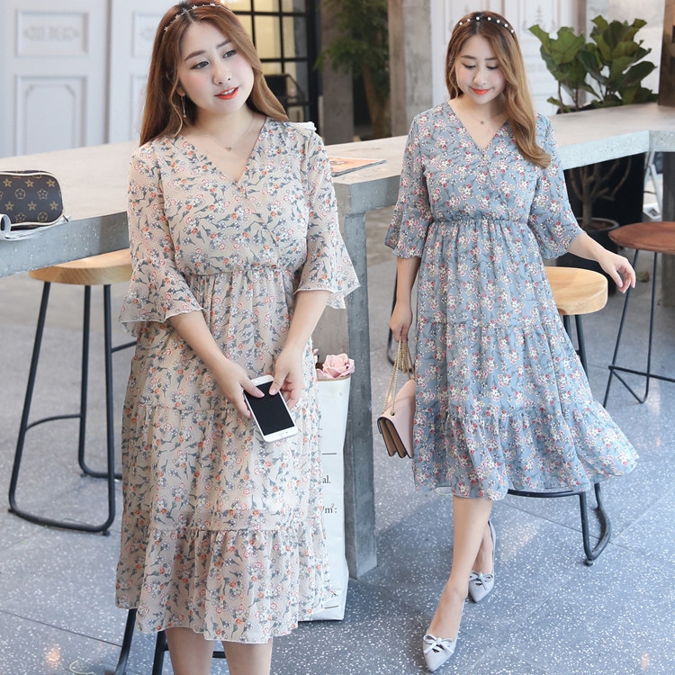 2020夏装新款胖MM加肥加大码女装雪纺碎花连衣裙