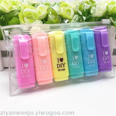 Tianfu mini highlighter cartoon cute Korean candy color bag with 6 key marker pens coloring pens