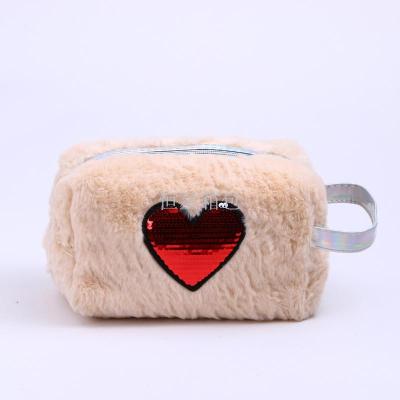 Plush colorful heart sequins decorative handbag women's hand bag outdoor storage bag portable makeup bag