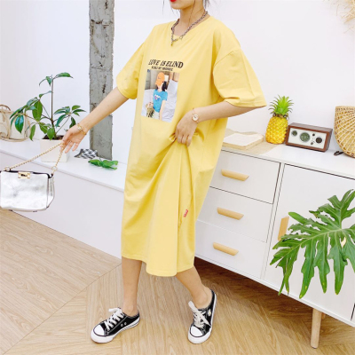 Long T-shirt Skirt Summer 2020 New Korean Style Internet Celebrity Mid-Length Loose Casual Print Knee-Length Short-Sleeved T-shirt Women's Fashion