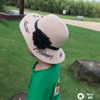 Summer hat, children 's straw hat, uv protection, embroidered straw hat, sun shade, sun block, beach hat, Korean foldabl