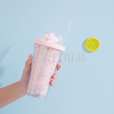 Sf-9563 cup double-layer plastic food-grade AS cup preservation ice cup landscape straw cup cartoon children's water cup
