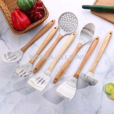 NEW kitchen utensils wooden handle INS hot marbling silicone shovel soup ladle brush spatula filter set