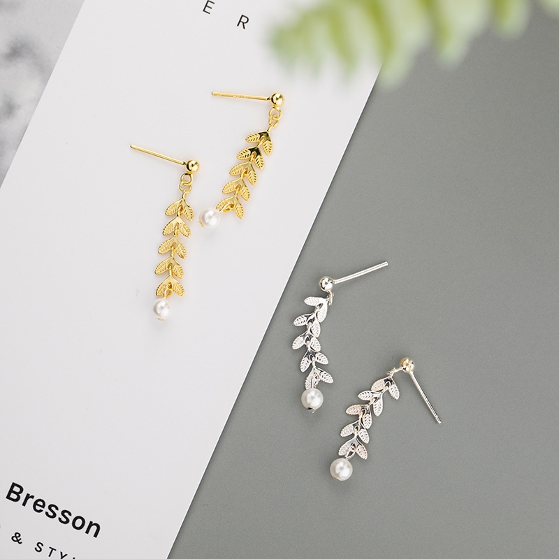 S925银金色麦穗长款耳环女日韩小清新麦穗耳饰网红气质珍珠耳饰女