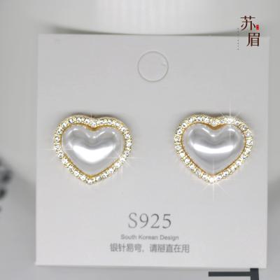 925 Silver Needle New Heart Pearl Stud Earrings Female Temperament Korean Online Red Tide Refined and Simple Rhinestone Earrings Earrings