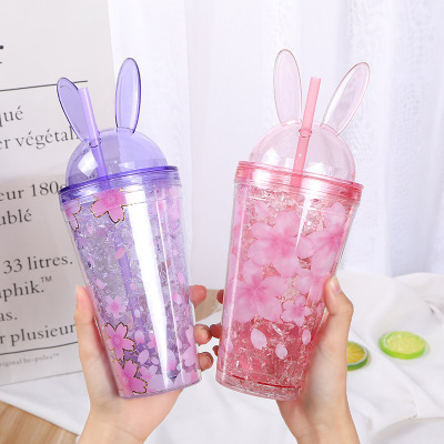 Korean version of literature and art contracted rabbit transparent ice cup students plastic double cup small fresh summer straw juice cup